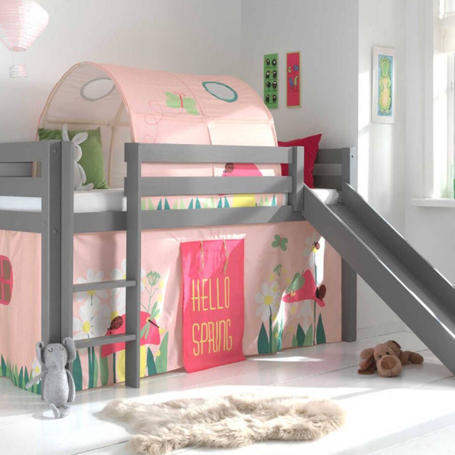 Vipack Halfhoogslaper met glijbaan Astrid met bedtent en bedtunnel Spring grijs