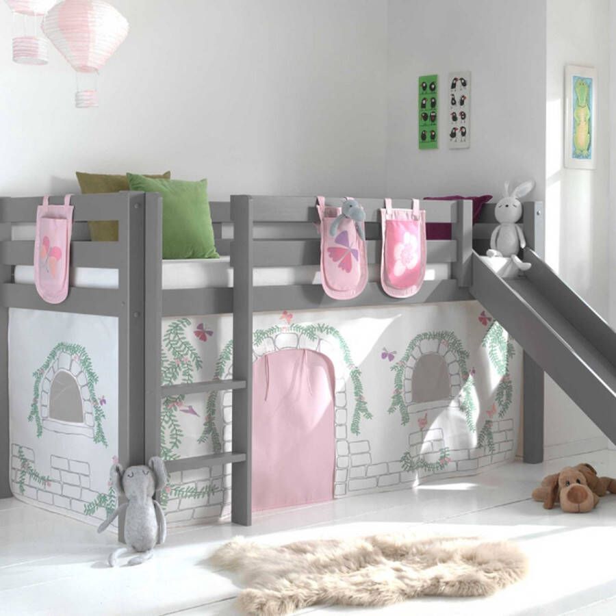 Vipack Halfhoogslaper met glijbaan Astrid met bedtent & opbergzakjes Birdy 90x200 Grijs