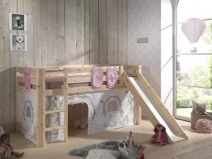 Vipack Halfhoogslaper met glijbaan Astrid met bedtent & opbergzakjes Birdy 90x200 Bruin - Foto 2