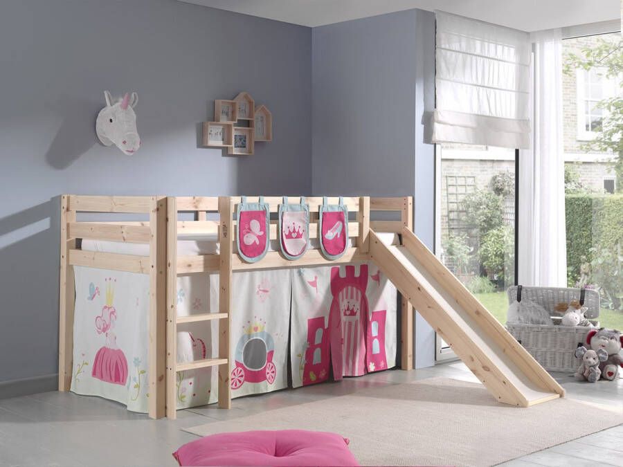 Vipack Halfhoogslaper met glijbaan Astrid met bedtent & opbergzakjes Princess II 90x200 Bruin