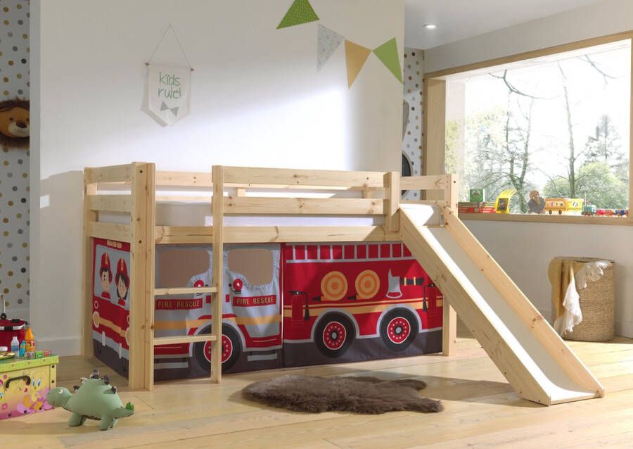 Vipack Halfhoogslaper met glijbaan Astrid met bedtent Fire Truck dennenhout