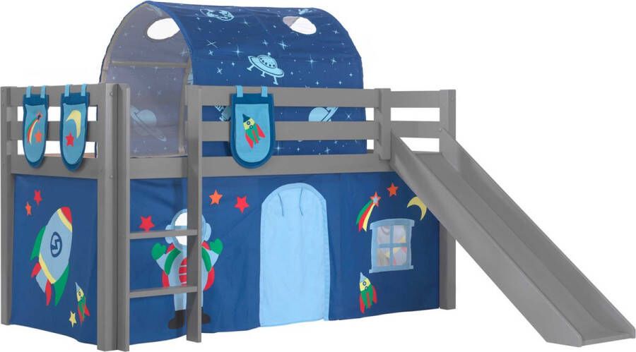 Vipack Halfhoogslaper met glijbaan Astrid met bedtent -tunnel & opbergzakjes Astro grijs