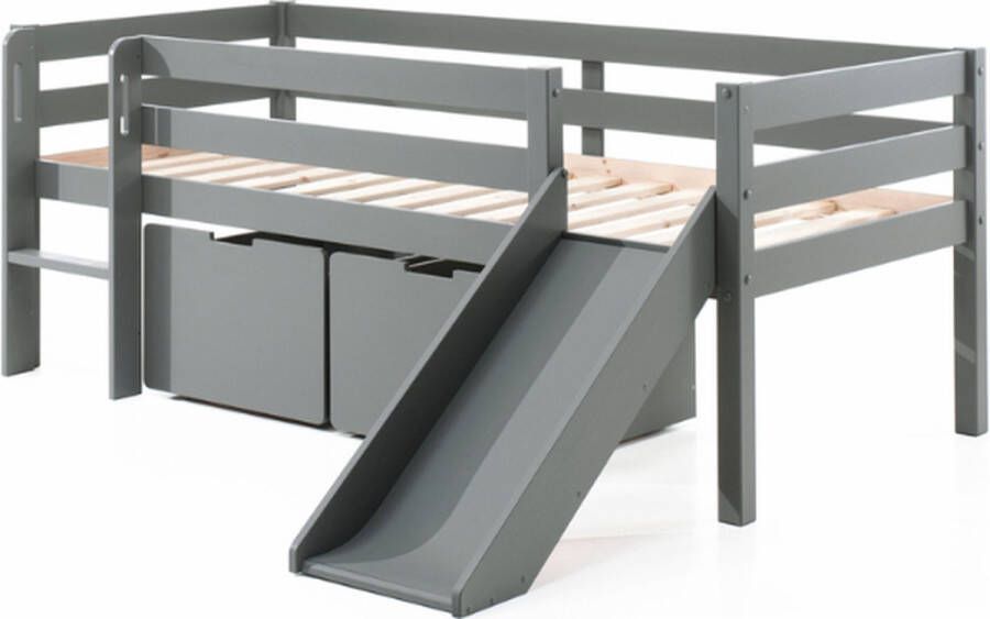 Vipack Halfhoogslaper met glijbaan Pip 90 x 200 met 2 opberglades en legplankje dennenhout 90x200 Grijs