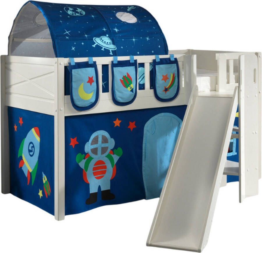 Vipack Halfhoogslaper Scottie 90x200cm Met glijbaan astronauten-speelgordijn 3 opbergzakjes en bedtunnel Wit - Foto 1