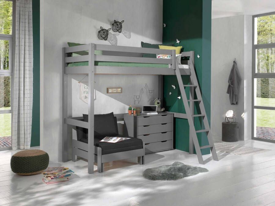 Vipack Hoogslaper Claire 90x200 met zetelbed en ladenkast grijs