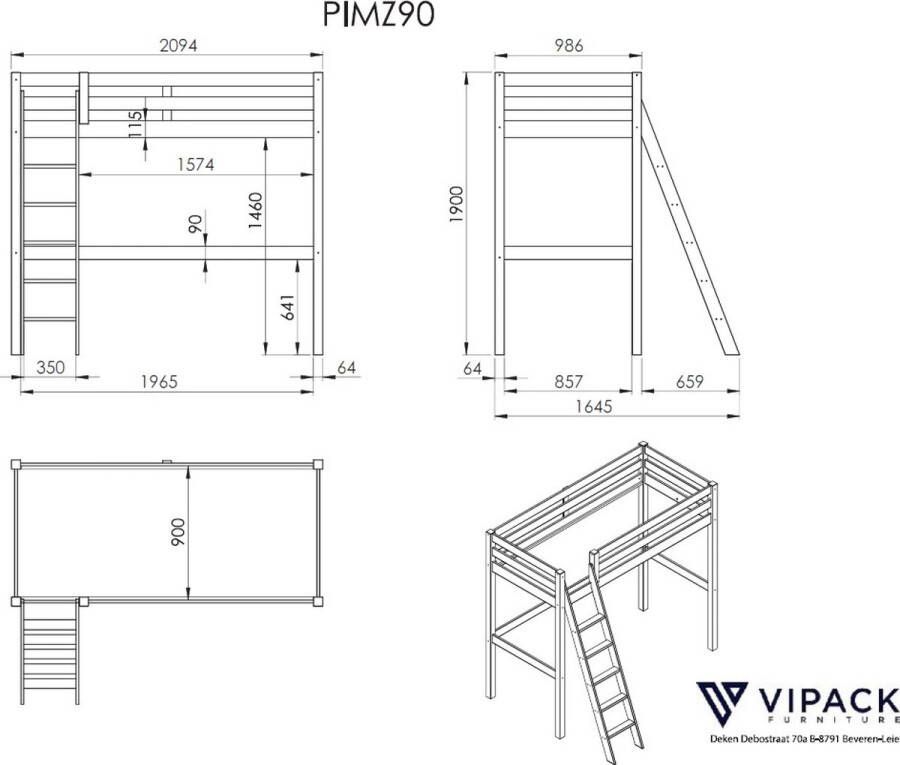 Vipack Hoogslaper met 90x 200 cm ligoppervlak grijs of wit gelakt - Foto 5