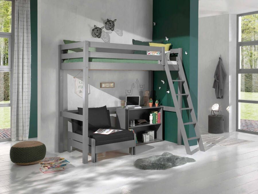 Vipack Hoogslaper Claire 90x200cm met boekenkast en zetelbed grijs