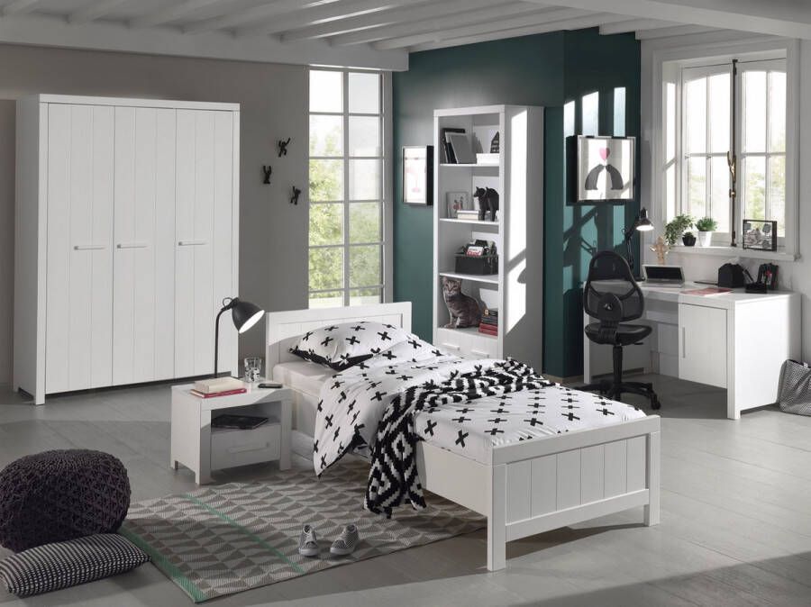 Vipack Deze ERIK combinatie in het wit bestaat uit een bed (90x200) met bijbehorende lattenbodem uitschuifbaar bed nachtkastje kledingkast met 3 deuren bureau en boekenkast - Foto 2