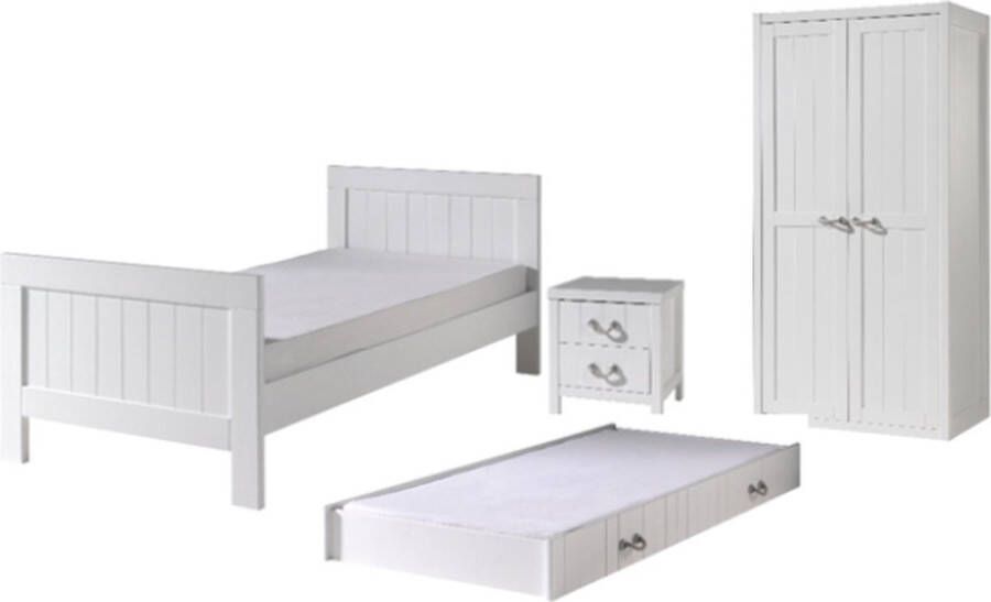Vipack Kinderkamer Lewis met bed 90x200 cm (incl. lattenbodem) bedlade een nachttafel en een 2 deurs kleerkast-wit