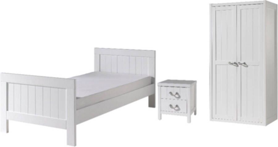 Vipack Kinderkamer Lewis met bed 90x200 cm (incl. lattenbodem) een nachttafel en een 2 deurs kleerkast-wit