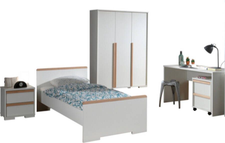 Vipack Deze LONDEN combinatie in het wit bestaat uit een bed (90x200) met nachtkastje 3-deurs kledingkast en bureau met rolcontainer - Foto 3