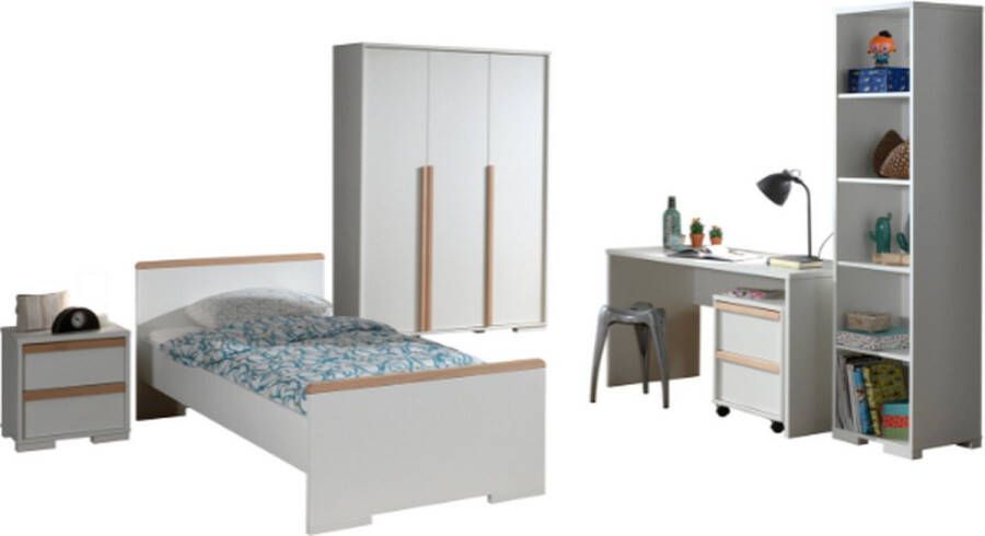 Vipack This LONDON combination in white consists of a bed (90x200) with bedside table 3-door wardrobe desk with rolling container and bookcase