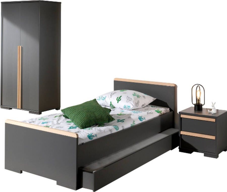Vipack Deze LONDEN combinatie in antraciet bestaat uit een bed (90x200) met bijpassend rolbed nachtkastje en 2-deurs kledingkast - Foto 2
