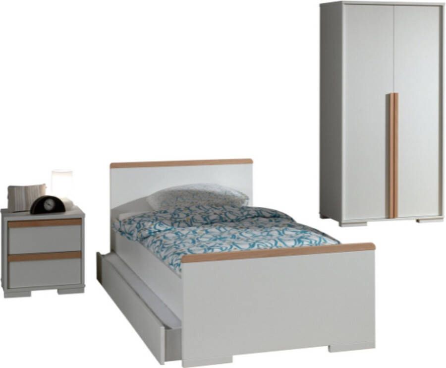 Vipack Deze LONDEN set in het wit bestaat uit een bed (90x200) met een bijpassend uitschuifbaar bed een nachtkastje en een kledingkast met 2 deuren - Foto 2