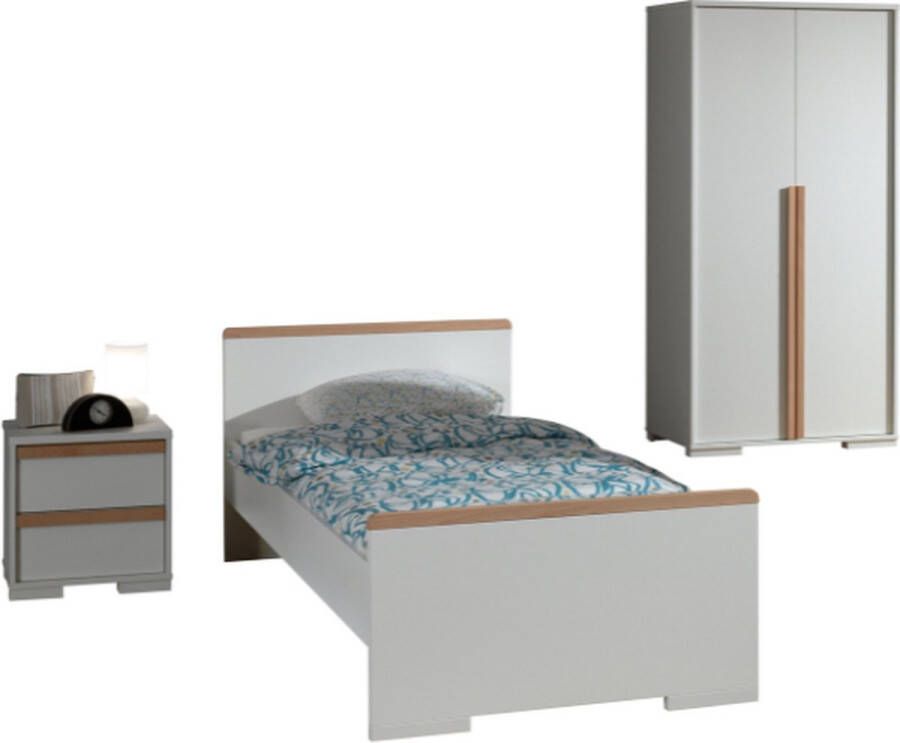 Vipack Deze LONDEN combinatie in het wit bestaat uit een bed (90x200) met nachtkastje en 2-deurs kledingkast
