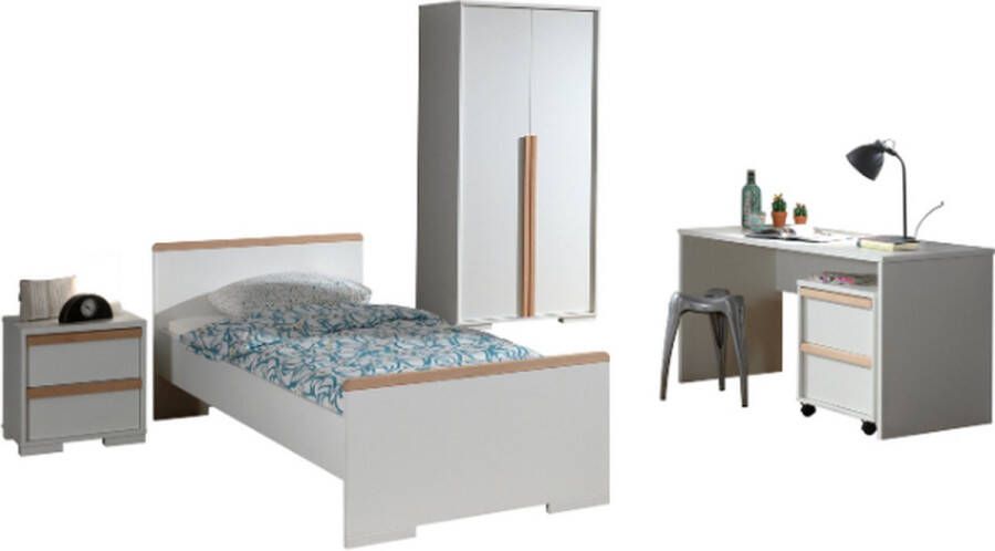 Vipack Deze LONDEN set in het wit bestaat uit een bed (90x200) met nachtkastje een kledingkast met 2 deuren en een bureau met bijpassende rolcontainer
