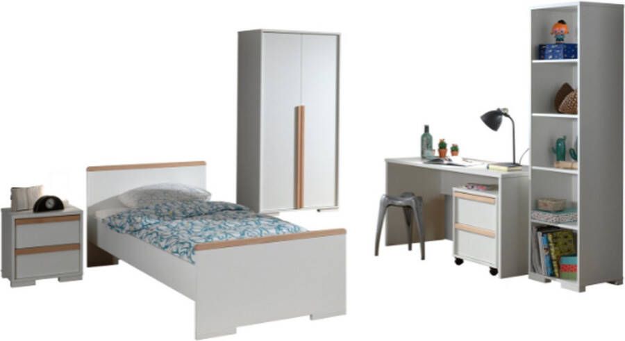 Vipack This LONDON combination in white consists of a bed (90x200) with bedside table 2-door wardrobe desk with accompanying rolling container and bookcase