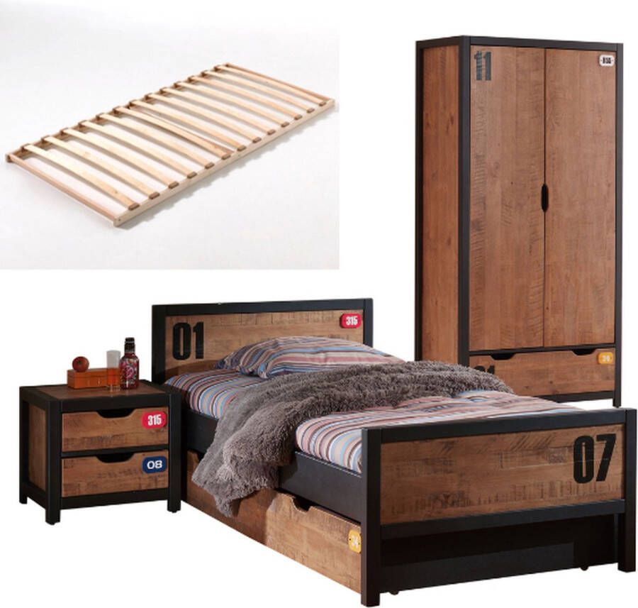 Vipack De ALEX-combinatie bestaat uit een bed van 90x200cm een lattenbodem een rolbed een nachttafel en een 2-deurs kleerkast