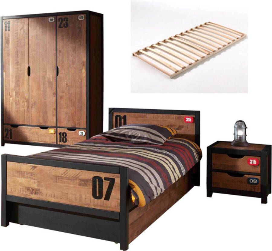 Vipack De ALEX-combinatie bestaat uit een bed van 90x200cm een lattenbodem een rolbed een nachttafel en een kledingkast met 3 deuren