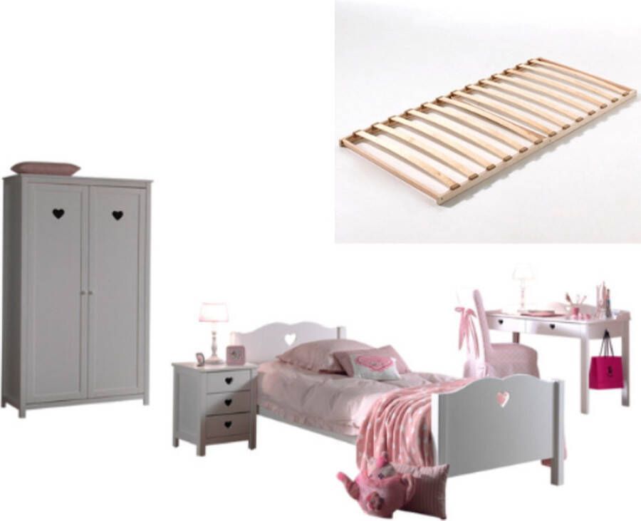 Vipack Deze Amori-combinatie bestaat uit een bed van 90x200cm een lattenbodem kader een nachttafel een 2-deurs kleerkast en een bureau - Foto 2