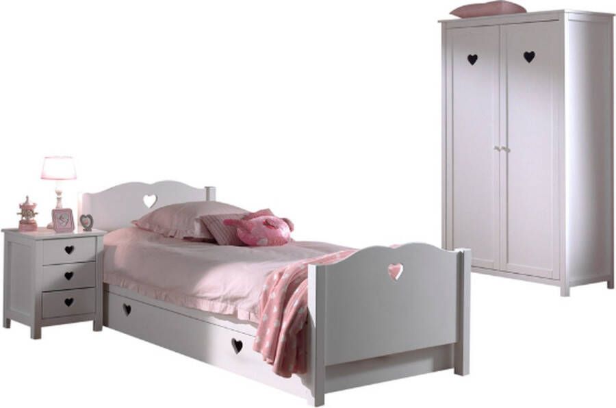 Vipack Deze Amori-combinatie bestaat uit een bed van 90x200 cm een lattenbodem een nachtkastje een kledingkast met 2 deuren en een rolbed