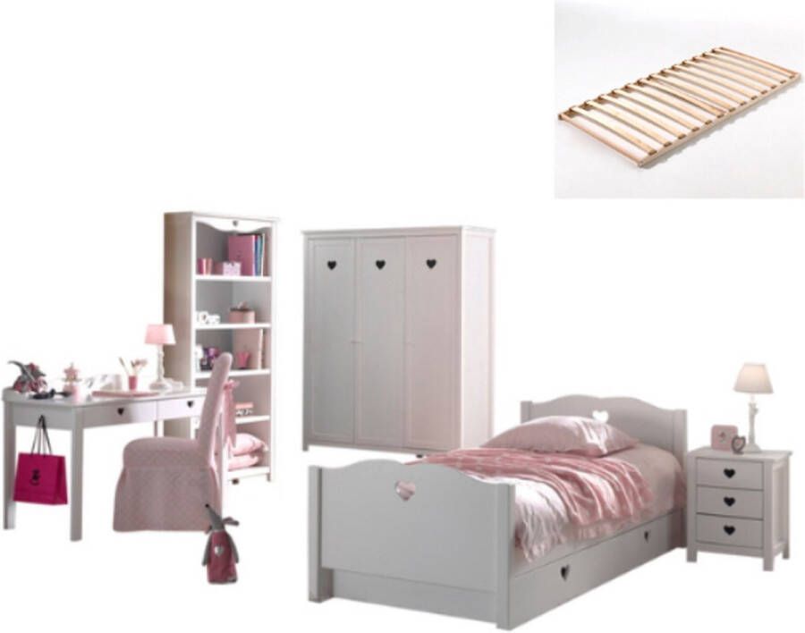 Vipack Deze Amori-combinatie bestaat uit een bed van 90x200 cm een lattenbodem een nachtkastje een kledingkast met 3 deuren een bureau een boekenkast en een rolbed - Foto 2
