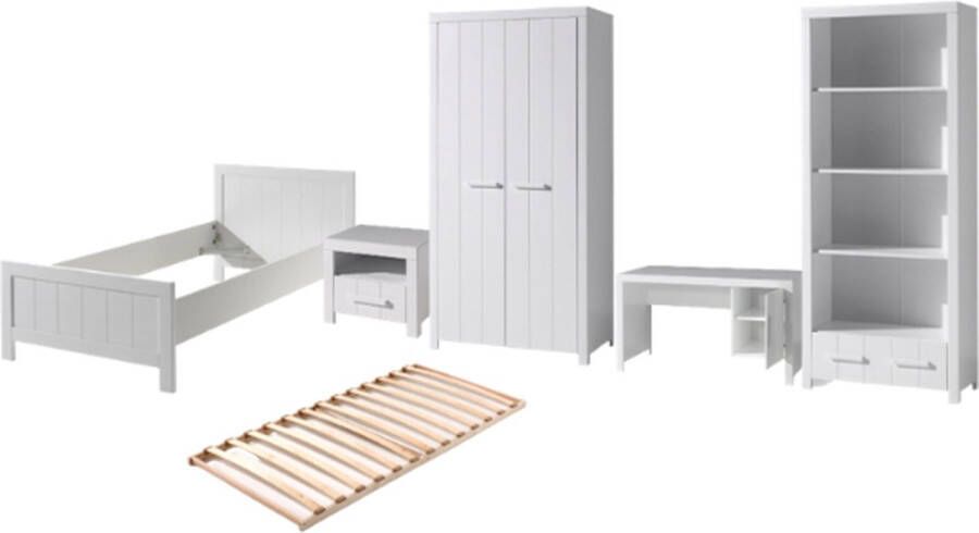 Vipack Deze ERIK combinatie in wit bestaat uit een bed (90x200) met bijhorende lattenbodem nachtkastje 2-deurs kleerkast bureau en boekenrek