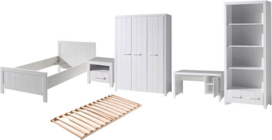 Vipack This ERIK combination in white consists of a bed (90x200) with accompanying slatted frame nightstand 3-door wardrobe desk and bookcase