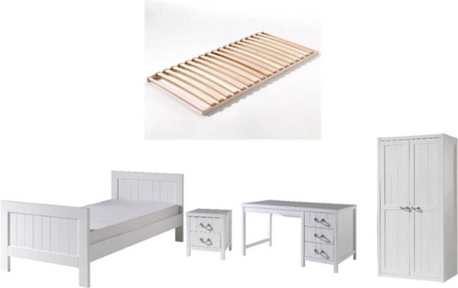 Vipack Kinderkamer Lewis met bed 90x200 cm (incl. lattenbodem) een nachttafel een bureau en een 2 deurs kleerkast-wit