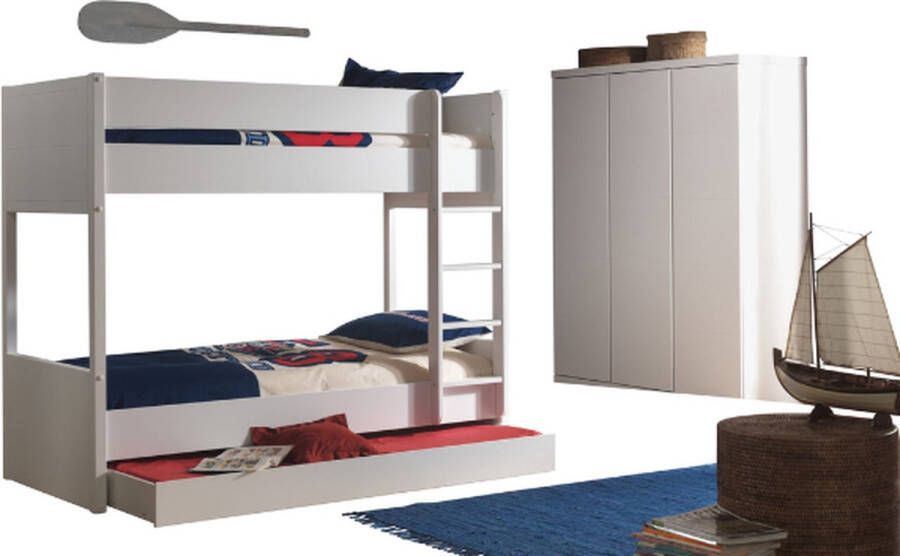 Vipack Deze LARA combinatie in het wit bestaat uit een stapelbed (90x200) met bijbehorend rolbed en een kledingkast met 3 deuren - Foto 5