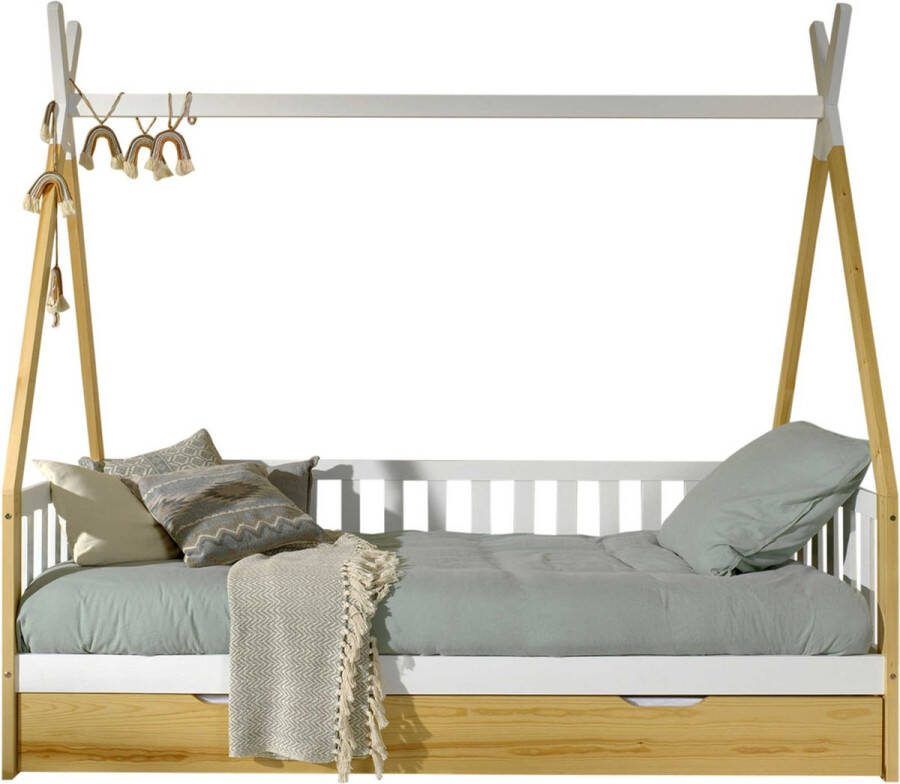 Vipack Tipibed 90 x 200cm met hekje en bedlade massief hout dennenhout wit - Foto 2