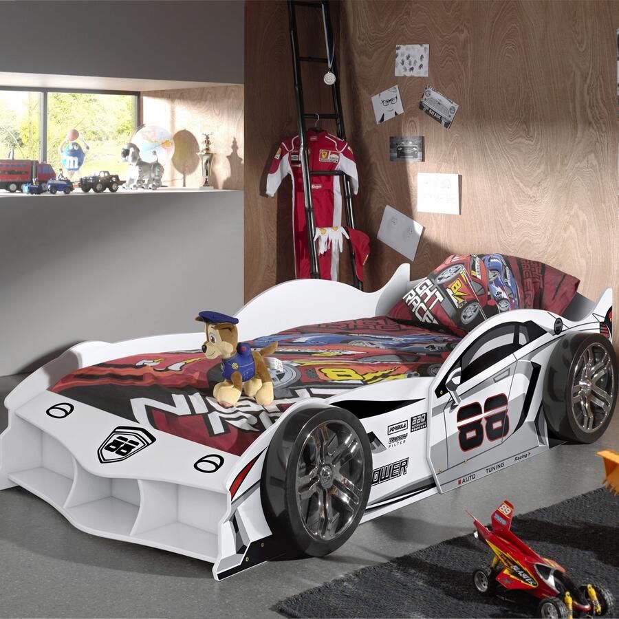 Vipack Autobed Max 90x200cm wit Kinderbedden met uitvalbeveiliging Wit MDF Kinderbedden met uitvalbeveiliging Eenpersoons Normaal bed Op voorraad