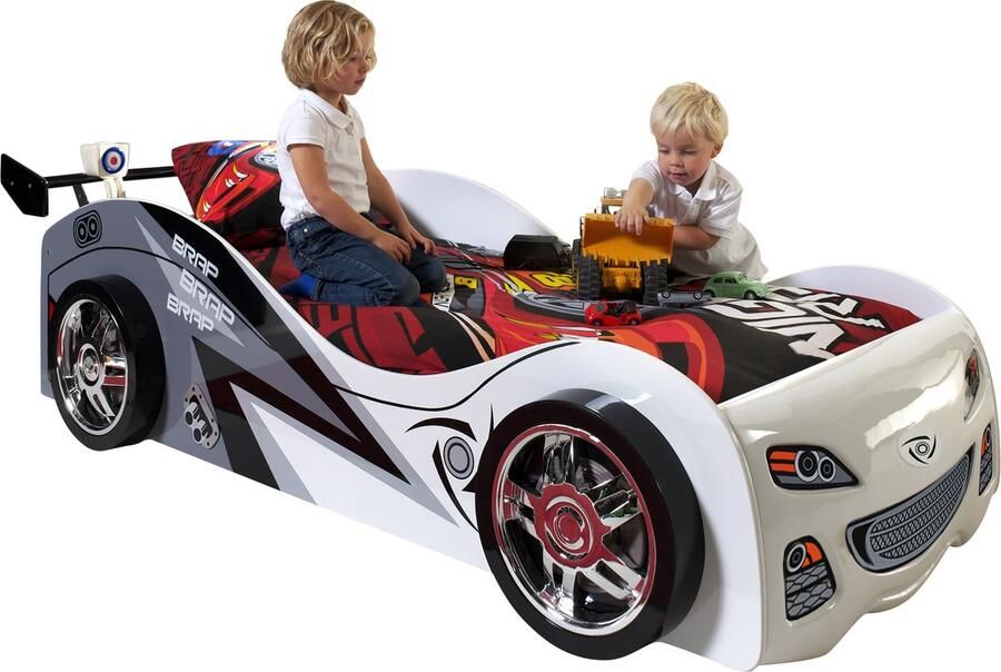 Vipack Baby Nora Raceauto Kinderbed Inclusief Matras En Lattenbodem Wit & Grijs Bed Matras