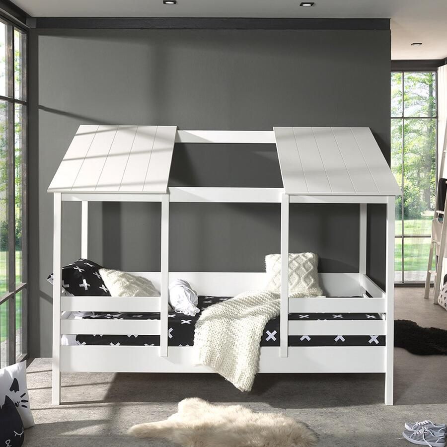 Vipack Bed HuisBed inclusief vensterbanken en 2 dakpanelen 90 x 200 cm wit