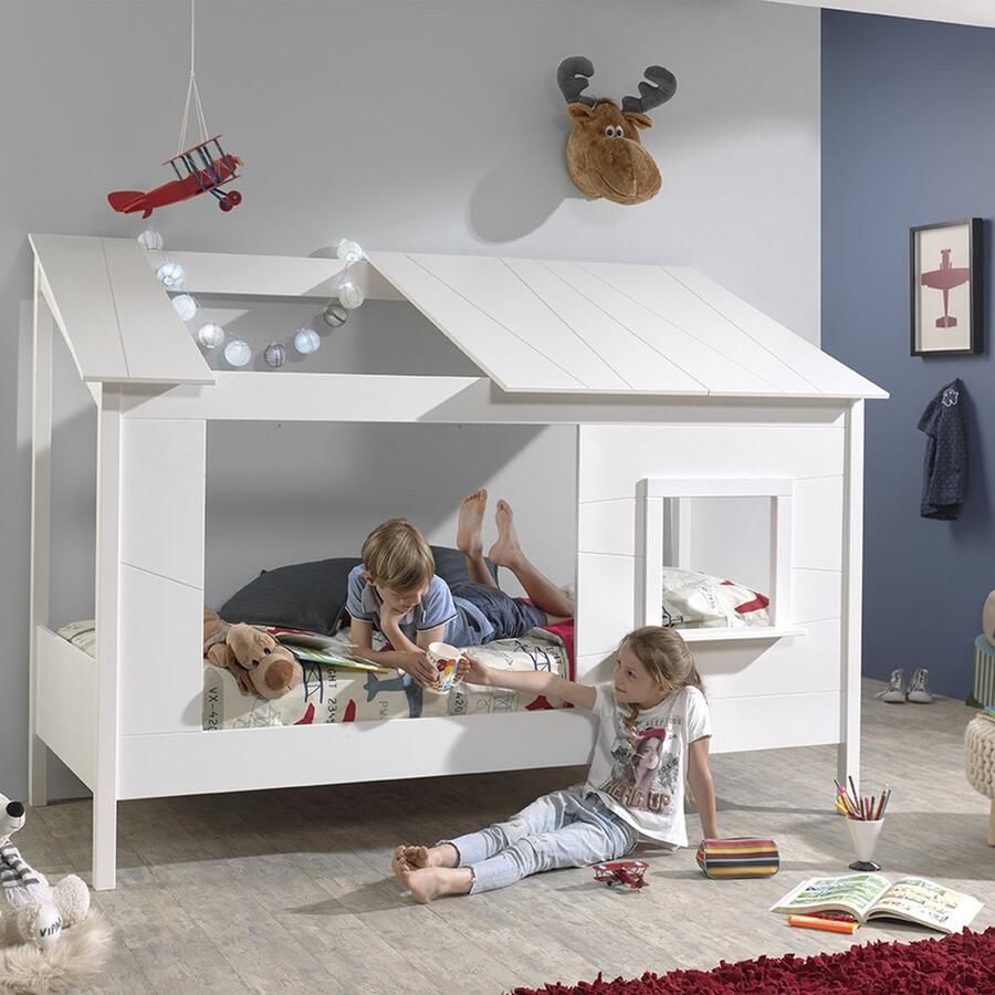 Vipack Kinderledikant Huisbed van MDF en massief hout wit gelakt incl. venster aan de voorkant