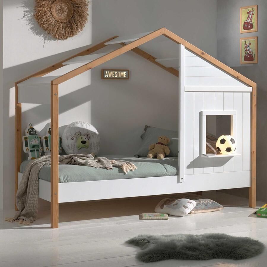 Vipack EMOB Bedhuisje Bambino 90x200 MDF en dennenhout wit Kinderbedden met uitvalbeveiliging Wit Hout; MDF Kinderbedden met uitvalbeveiliging Eenpersoons Normaal bed Op voorraad