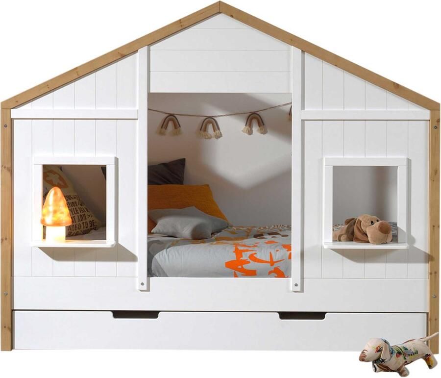 Vipack Bedhuisje Bambino 90x200 met bedlade MDF en dennenhout wit naturel