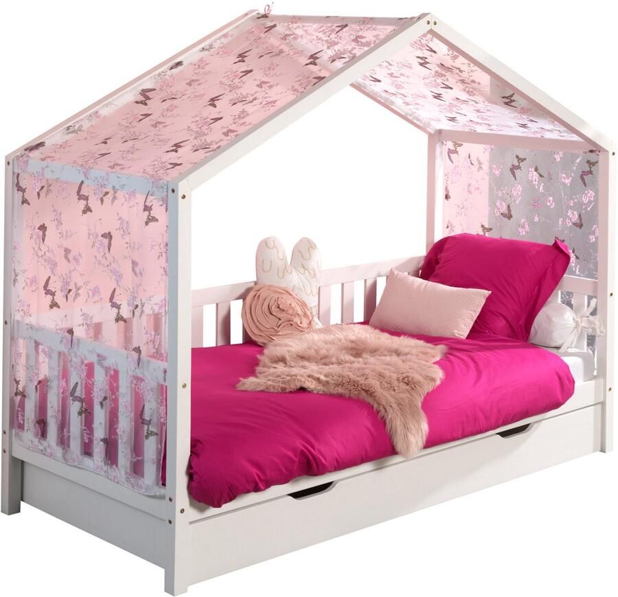 Vipack Huisbed Dallas met dakconstructie massief dennenhout stevig gebouwd naar keuze met onderbedlade of stoffen hemel uitvoering ecru of wit