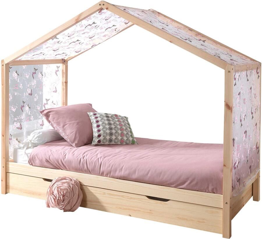 Vipack Huisbed Dallas naar keuze met onderbedlade of stoffen hemel uitvoering ecru of wit