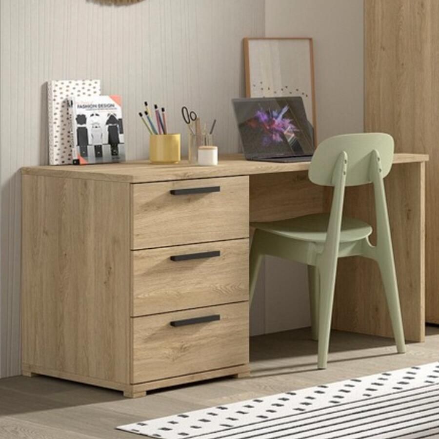 Vipack EMOB Bureau Sammie 140x65x74cm met drie lades eikdecor Kantoor Bruin Melamine; Spaanplaat Kantoor Op voorraad - Foto 3
