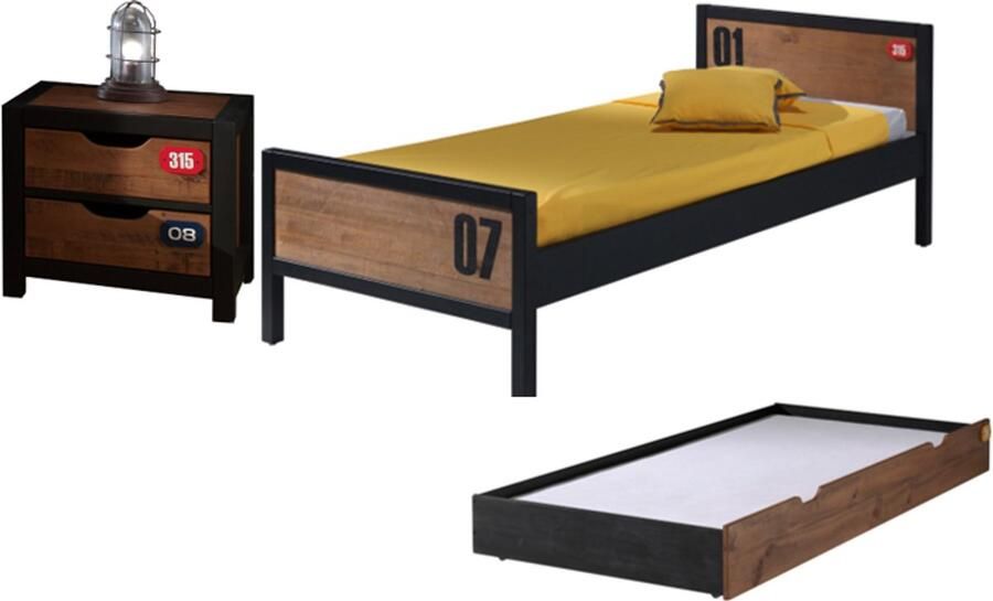 Vipack De ALEX-combinatie bestaat uit een bed van 90x200cm een lattenbodem een rolbed en een nachttafel