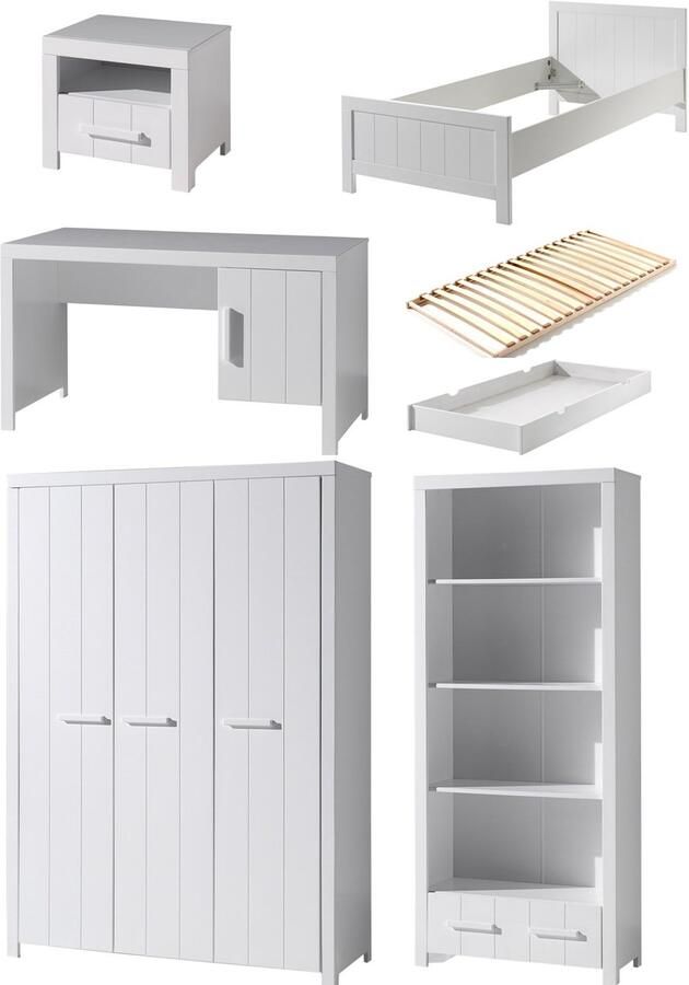 Vipack Deze ERIK combinatie in het wit bestaat uit een bed (90x200) met bijbehorende lattenbodem uitschuifbaar bed nachtkastje kledingkast met 3 deuren bureau en boekenkast