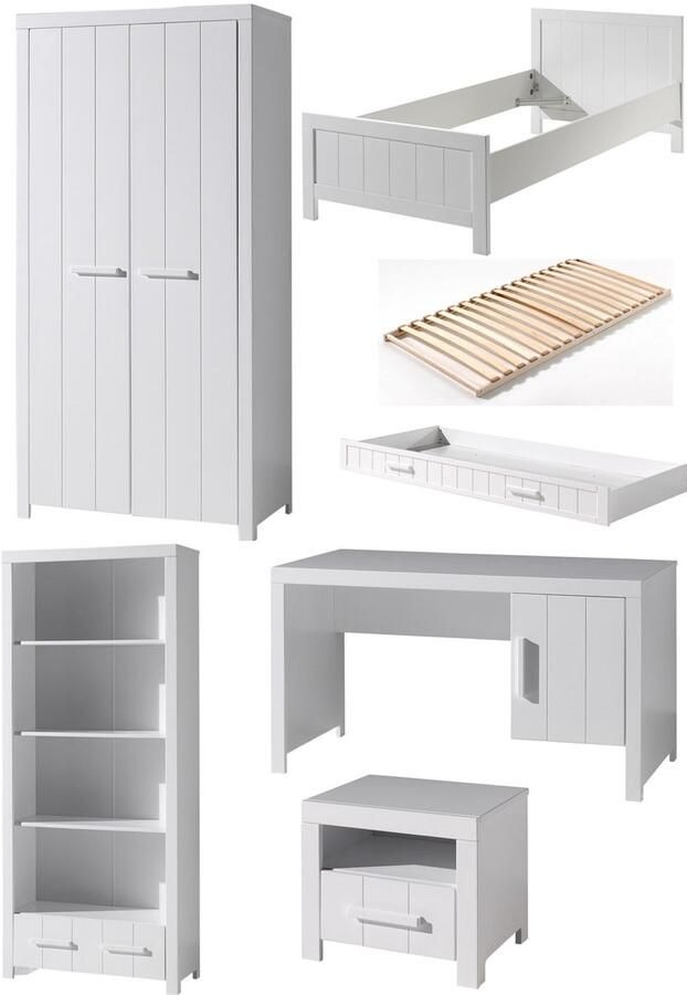 Vipack Deze ERIK combinatie in het wit bestaat uit een bed (90x200) met bijpassende lattenbodem uitschuifbaar bed nachtkastje kledingkast met 2 deuren bureau en boekenplank