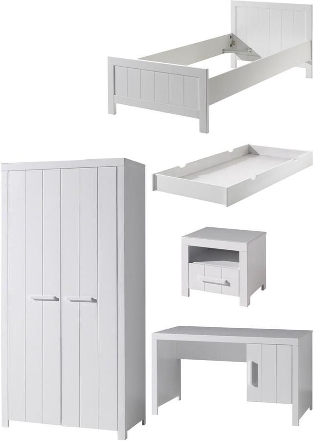 Vipack Deze ERIK combinatie in wit bestaat uit een bed (90x200) met bijhorend rolbed nachtkastje 2-deurs kleerkast en bureau