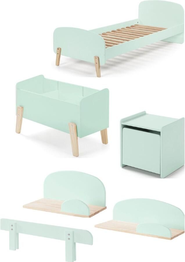 Vipack Deze KIDDY combinatie in mintgroen bestaat uit een bed (90x200) met nachtkastje 2 hangplankjes (45 en 65 cm) en een uitvalbeveiliging