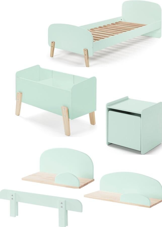 Vipack Deze KIDDY combinatie in mintgroen bestaat uit een bed (90x200) met nachtkastje 2 hangplankjes (45 en 65 cm) uitvalbeveiliging en speelkoffer