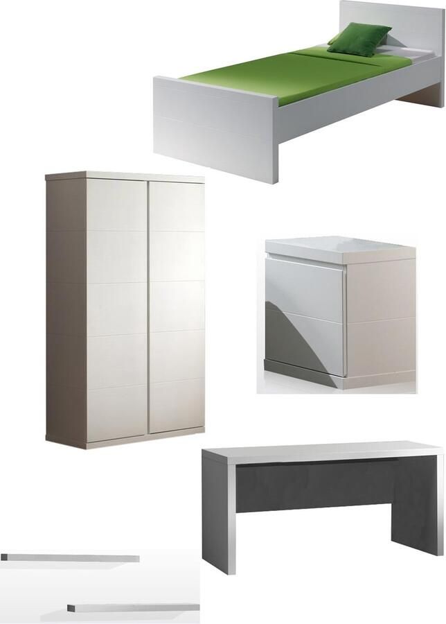 Vipack Deze LARA combinatie in wit bestaat uit een bed (90x200) met bijhorend nachtkastje 2-deurs kleerkast bureau en 2 hangplankjes