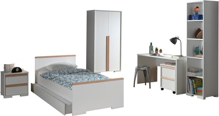 Vipack Deze LONDEN set in het wit bestaat uit een bed (90x200) met onderschuifbed nachtkastje kledingkast met 2 deuren bureau met bijpassende ladekast op wieltjes en boekenkast - Foto 2