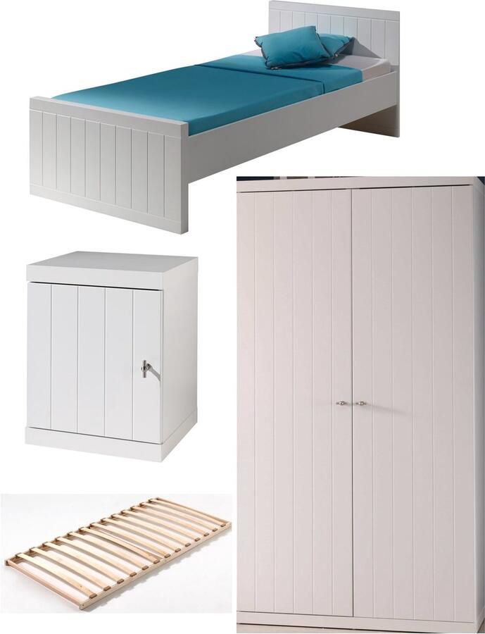 Vipack Deze ROBIN combinatie bestaat uit het ROBIN bed (90 x 200 cm) met lattenbodem nachtkastje en 2-deurskleerkast