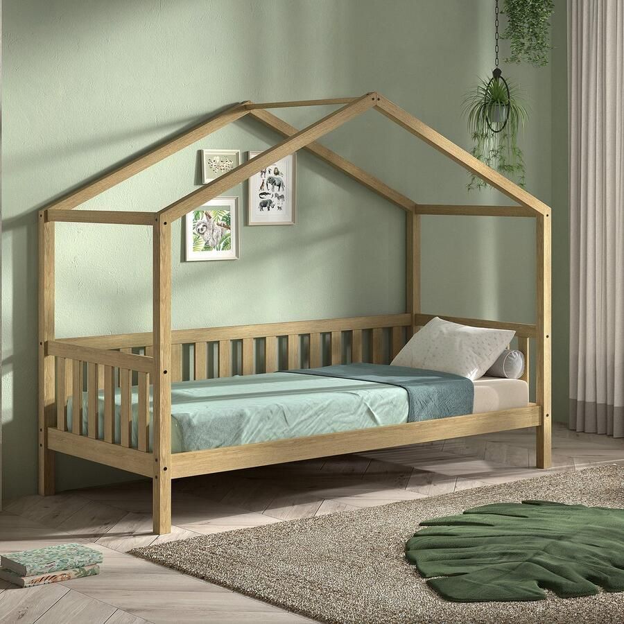 Vipack EMOB Bedhuisje Dallas 90x200 massief eikenhout Houten kinderbedden Bruin Hout Houten kinderbedden Eenpersoons Normaal bed Op voorraad